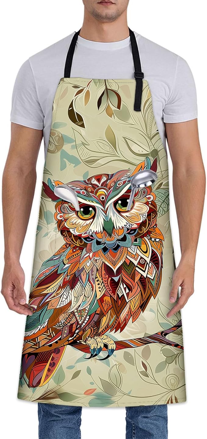 Funny Owl Apron, Adjustable Kitchen Intricate Leafy Background Aprons with Pockets for Cooking BBQ Gardening, 28×33 IN, Holiday Gifts for Women Men Wife, for Chef Baking, Oxford Fabric
