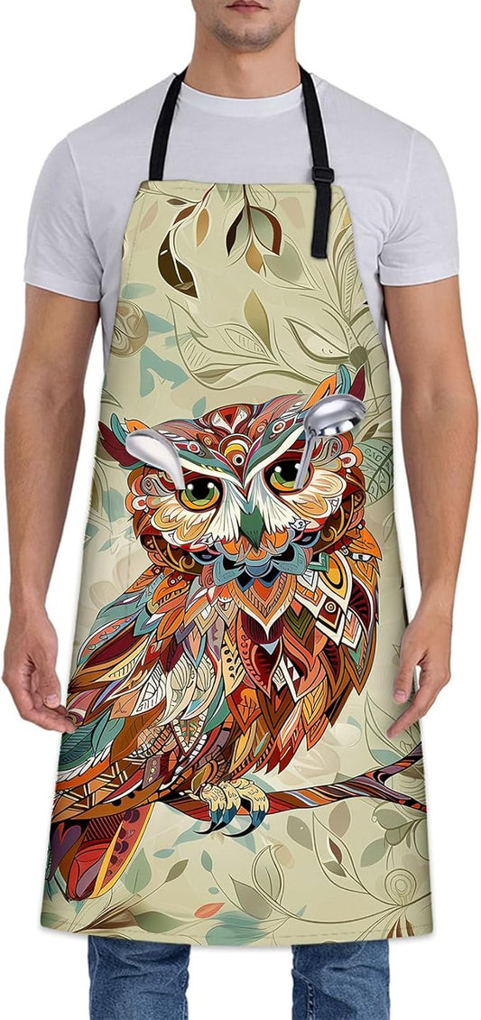 Funny Owl Apron, Adjustable Kitchen Intricate Leafy Background Aprons with Pockets for Cooking BBQ Gardening, 28×33 IN, Holiday Gifts for Women Men Wife, for Chef Baking, Oxford Fabric