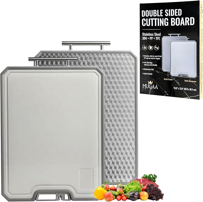 MUGAA Stainless Steel Cutting Board, Double-Sided 304 Stainless Steel & PP, Built-In Knife Sharpener, Non-Slip Juice Groove, Dishwasher Safe Steel Cutting Boards For Kitchen, Medium (15.6" x 12")