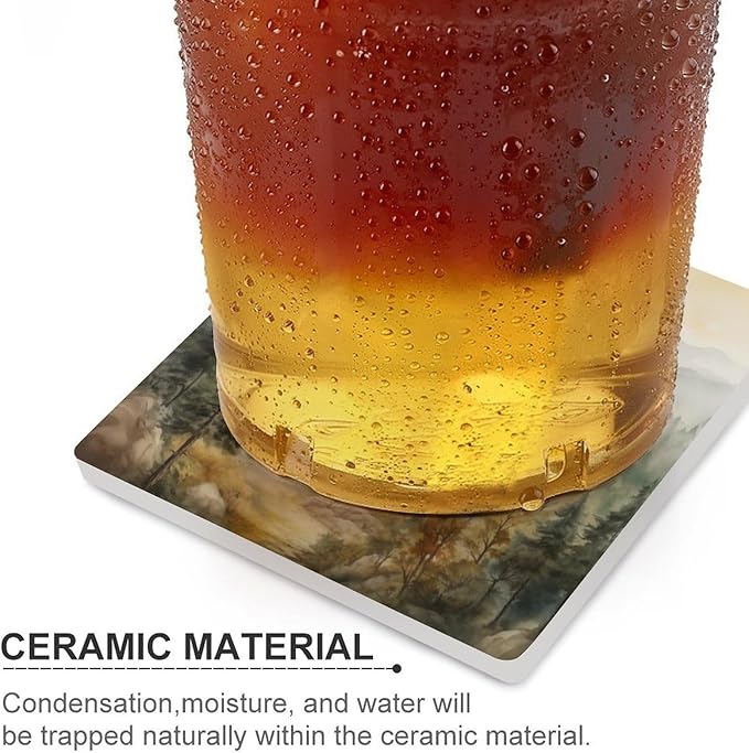 Forest Drink Coasters, Square Ceramic Drink Coaster Square-6PCS, Watercolor Mountain Forest Nature Tree Woodland Decor Absorbent Ceramic Coasters for Beverage Cup, Bar, Coffee Table