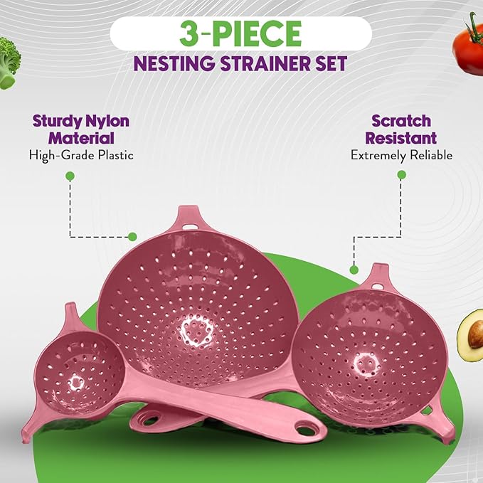 Crisp 3 Piece Nesting Strainer Set - Plastic, Durable Kitchenware, Dishwasher Safe - Made in the USA - Pink