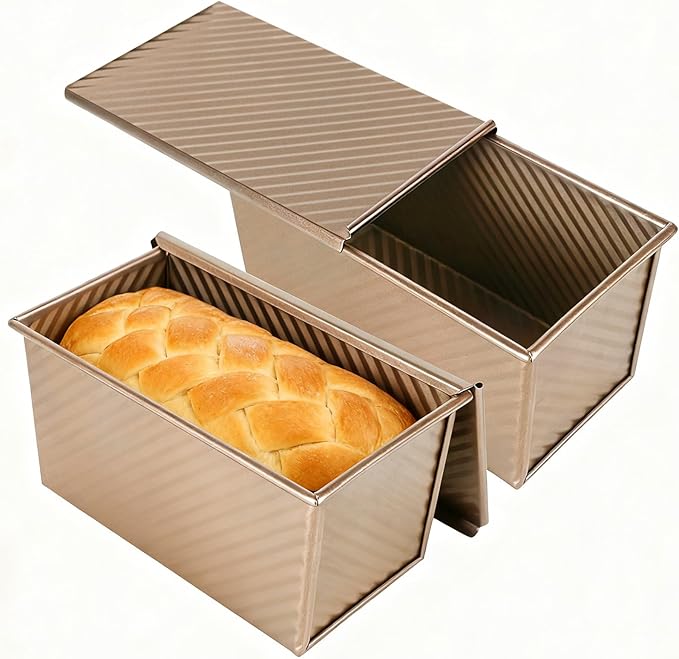 Hikaproligt Pullman Loaf Pan with Lid 2 Pack, 8x4 Inch 1LB Nonstick Carbon Steel Bread Pans, Gold Corrugated Sandwich Bread Baking Pan for Toast, Sourdough, Homemade Bread