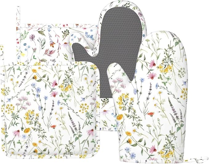 Wildflower Herbs Silicone Oven Mitts and Pot Holders Sets Plant Floral Retro Rustic Flower Blossom Farm Leaves Botanical Kitchen Mitts Potholder Kitchen Accessories for Cooking Baking BBQ