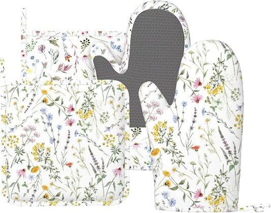 Wildflower Herbs Silicone Oven Mitts and Pot Holders Sets Plant Floral Retro Rustic Flower Blossom Farm Leaves Botanical Kitchen Mitts Potholder Kitchen Accessories for Cooking Baking BBQ