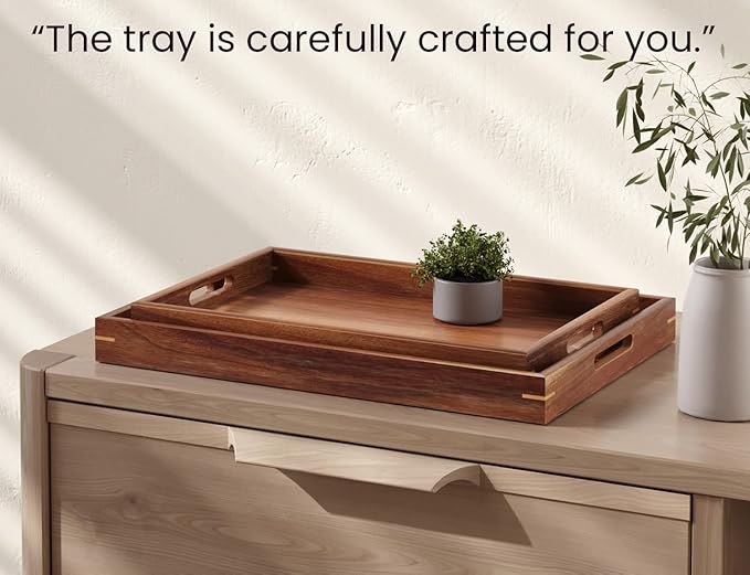 Set of 2 Acacia Wood Serving Tray with Handles,Decorative Trays Platter,Breakfast Tray in Bed,Food Drinks Tray for Eating,Working,Storing(Brown)
