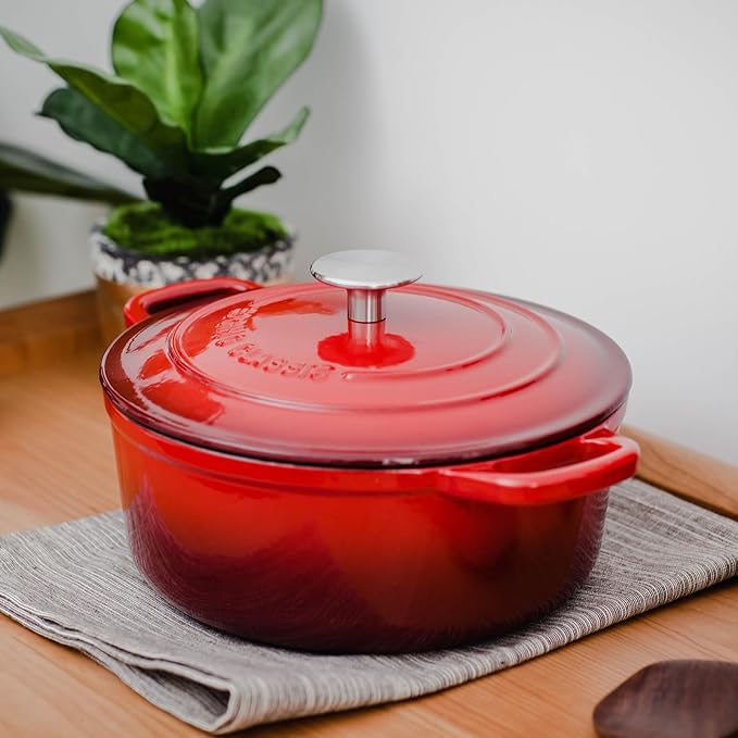 EDGING CASTING Enameled Cast Iron Dutch Oven Pot with Lid, 7 Quart, Round Dutch Ovens, Bread Oven Dual Handles, for Bread Baking, Oven Safe up to 500°F, Red