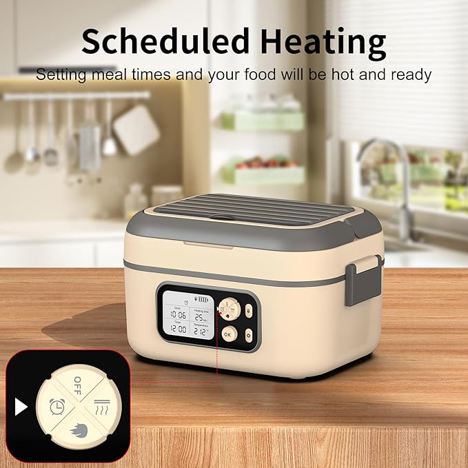 Cordless Electric Heated Lunch Box, 1.5L 6.3Cups 24000mAh Rechargeable Battery Self-Heating Lunch Box, Smart Timer, Even Heating, 100W Portable Food Warmer for Office, Picnic, Car, Outdoor