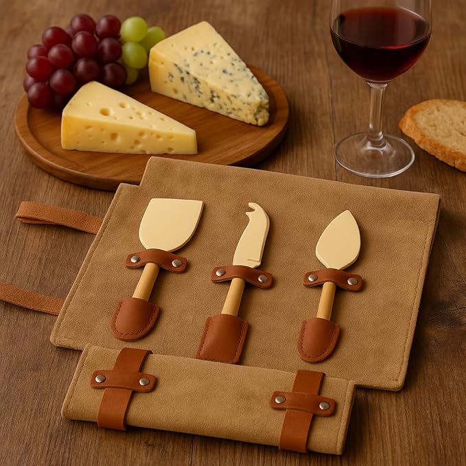 Cheese Knife Set for Charcuterie Board – 3-Piece Gold Stainless Steel Cheese Knives with Leather Pouch – Elegant Charcuterie Tools, Utensils Set