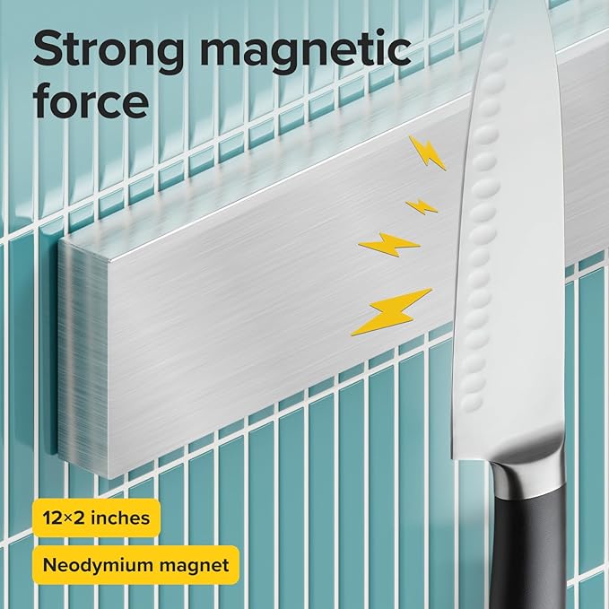 Knife Magnetic Strip 12" Steel – Magnetic Knife Holder for Wall no Screws – Kitchen Utensil Holder, Knife Bar, Knife Rack, Kitchen Organizer and Tool Holder
