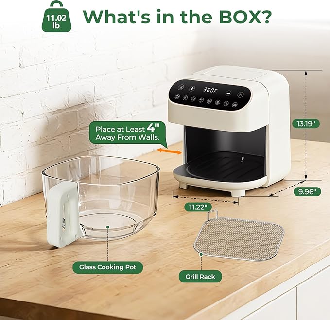 Havato 5 Quart Glass Air Fryer, Non-Toxic High Borosilicate Glass Basket with No Coating, Air Fryer Oven with 8 Preset Modes, PTFE/PFAS Free, Visible Window, Dishwasher Safe, White