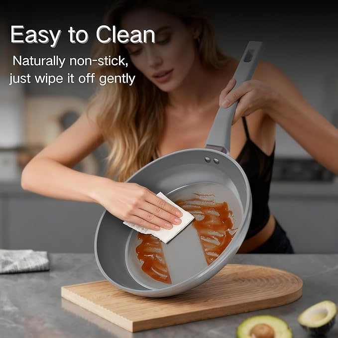 Sanho 8 Inch Frying Pan Nonstick, Ceramic Coating PTFE & PFOA Free Skillet, Induction Compatible & Dishwasher Safe Cookware for Healthy Daily Cooking