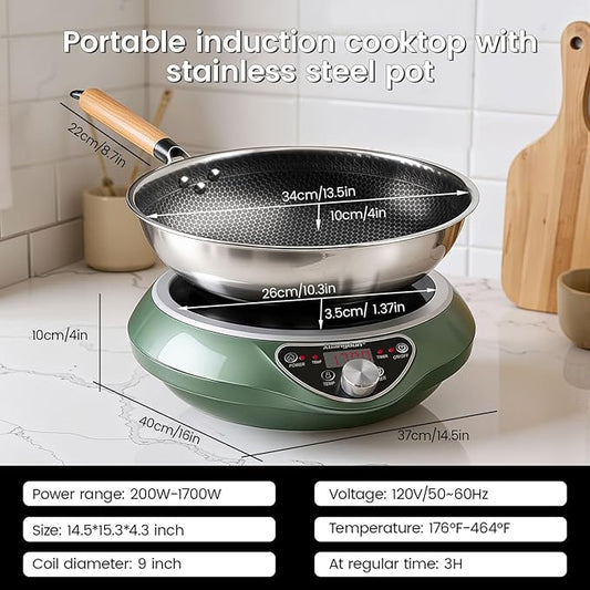 Abangdun Wok Induction Cooktop 1700W 120V Burner Induction Curved Electric Stove Hot Plate Round Bottom Frying Evenly