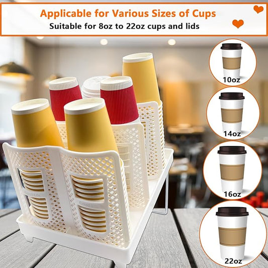 Coffee Cup Organizer Holder, Adjustable Cup and Lid Storage Rack,6 Slots Disposable Paper Cup Dispenser fits 8-22oz,Plastic Cup Stand for Coffee Station Bar Countertop Home Kitchen,White