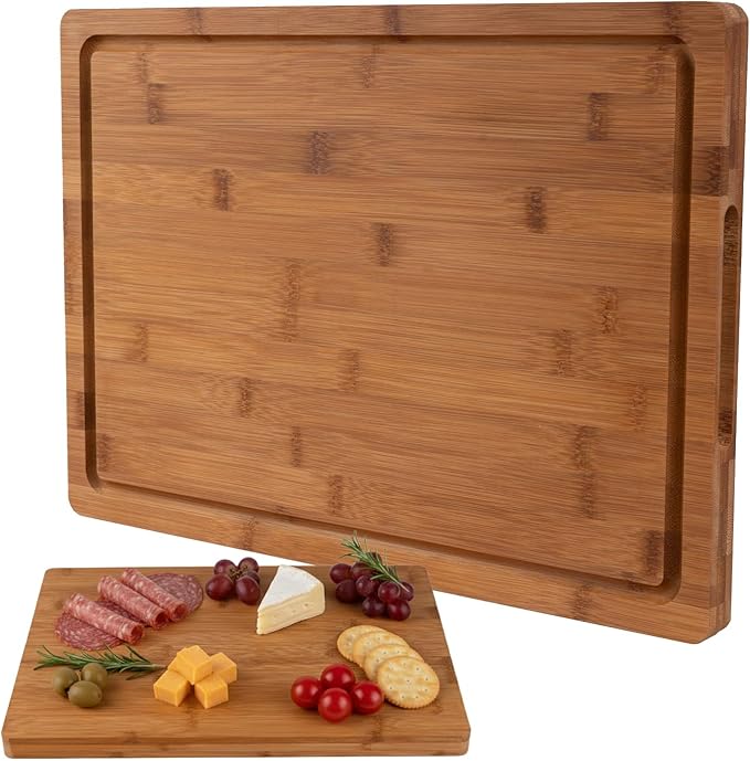 Tafopue Bamboo Cutting Board, 1" Thick Heavy Duty Wood Chopping Board for Kitchen, Built-in Deep Juice Groove and Handles, Reversible Charcuterie Board for Meat BBQ, Gift for Housewarming, 17x12''