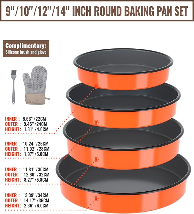 MCCSI Round Roasting Pan Set Bakeware 4 Pack Baking Cake Pans Enamel Casserole Dish 9/10/12/14 Inch Non-Stick Chicken Roaster Oven Dishwasher Safe Mother's Christmas Gift Cookware (Orange)