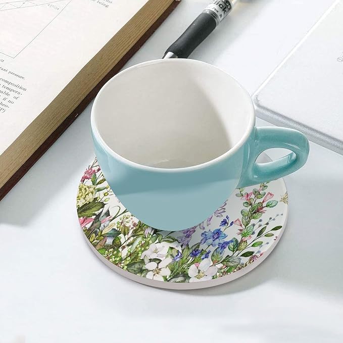 Floral Drink Coasters, Round Ceramic Drink Coaster Round-4PCS, Watercolour Flower Herb Nature Plant Floral Butterfly Decor Absorbent Ceramic Coasters for Beverage Cup, Bar, Coffee Table