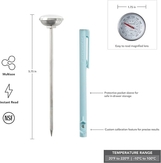 KitchenAid KQ919MW Analog Instant Read Food and Meat Thermometer with 1.75-inch Dial, Recalibration Feature, Mineral Water Storage Sleeve