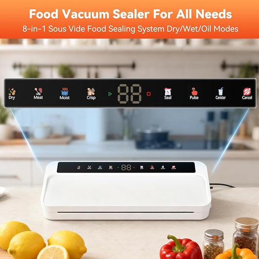 Food Vacuum Sealer Machine for Food, 8-in-1 Dry/Wet/Oil Modes Food Sealer Fit All Kind Bags with Water Tank & Digital Timer, Food Sealing Machine with Cutter & Starter Kit & 20 Vacuum Bags