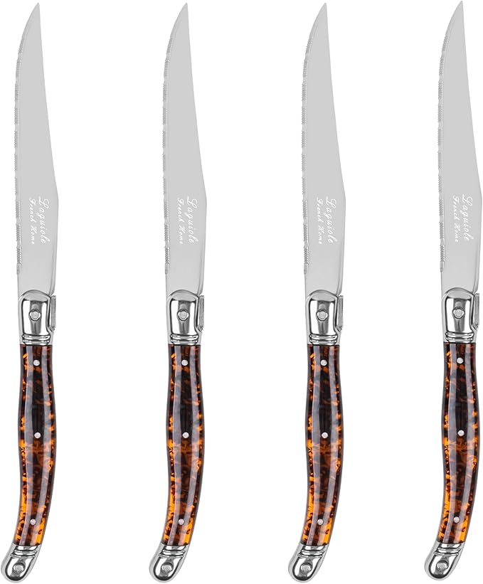 French Home Laguiole Connoisseur 4-Piece Steak Knife Set –Stainless Steel with Tortoise Shell Handles, Etched Detailing & Napoleon Bee Emblem – Serrated Knives for Smooth Cutting (9.25")