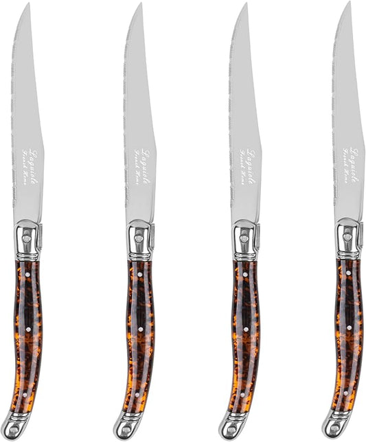 French Home Laguiole Connoisseur 4-Piece Steak Knife Set –Stainless Steel with Tortoise Shell Handles, Etched Detailing & Napoleon Bee Emblem – Serrated Knives for Smooth Cutting (9.25")