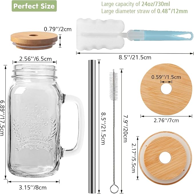 2 Pack 24Oz Mason jar cups with lids and straws, Mason Jars with Handle, Mason Jar Drinking Glasses with Lid and Straw, Mason Jar Mugs