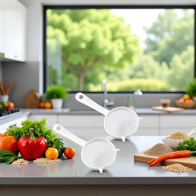 2Pcs Small White Mesh Kitchen Sifter - Plastic Mesh Strainers Sieve,Colanders and Sieve with Handle for Tea Pasta Flour Rice Fruits Vegetable, Food Strainers