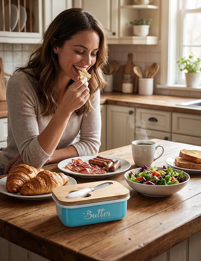 Butter Dish, Butter Dish with Lid for Countertop,Metal Butter Keeper with Stainless Steel Multipurpose Butter Knife, Large Butter Container with quality Silicone Good Kitchen Gift,Lake Bue