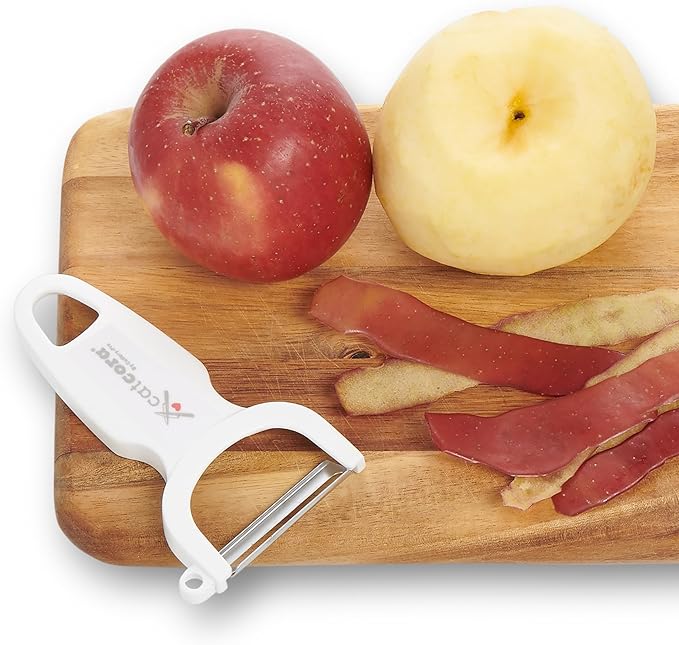 CatCora Swiss-Style Peeler, Professional German Tempered Stainless Steel Blade For Peeling Fruits and Vegetables and Garnishing, Ergonomic Contoured Handle, White
