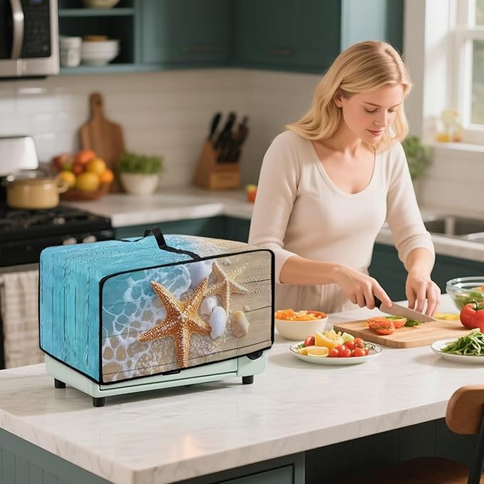Doojoayie Starfish Toaster Oven Cover Coffee Print 4 Slice Bread Machine Dust Protector Universal Fit Dust-proof & Stain Resistant Covers for Kitchen Appliance Protection