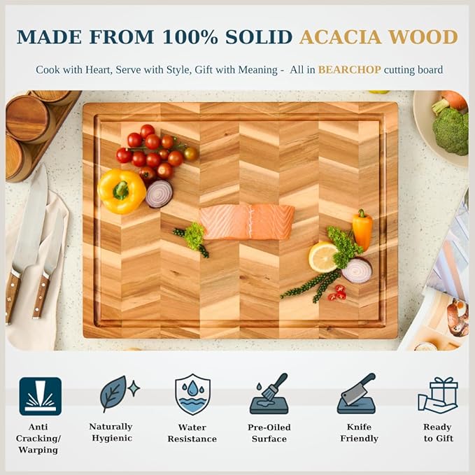 Bearchop Herringbone Acacia Wood Cutting Boards for Kitchen, Butcher Block with 4-Side Reinforced Bar for Anti Crack/Warp, [17"x13"x1"] Medium Cutting Boards with Gift Box, Juice Groove, Handle