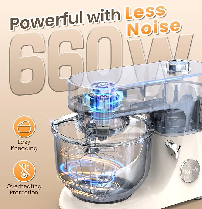 Bonnor Stand Mixer 6QT Kitchen Mixer with LED Smart Touchscreen, 11-Speed Tilt-Head Mixer with Timer, 4 Preset Menus, Stainless Steel Bowl, Dough Hook, Whisk, Beater,White