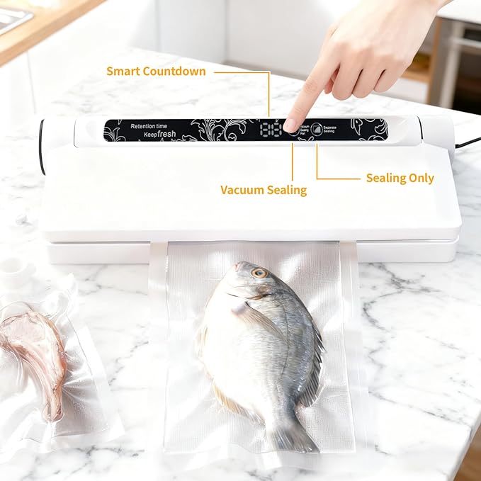 Food vacuum sealer, 75 kPa ，Compact Vacuum Sealer, equipped with a digital timer, Dry/Wet,sealing, including 20 Vacuum Sealer Bags, The chef's ideal food saver
