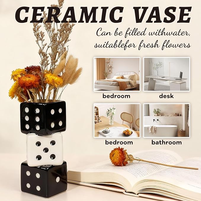 Triple Dice Ceramic Vase – Elegant Black & White Decorative Vase for Home & Bar, Perfect for Flowers | Unique Centerpiece for Dining Table, Coffee Table & Entryway | Stylish Decor for Kitchen