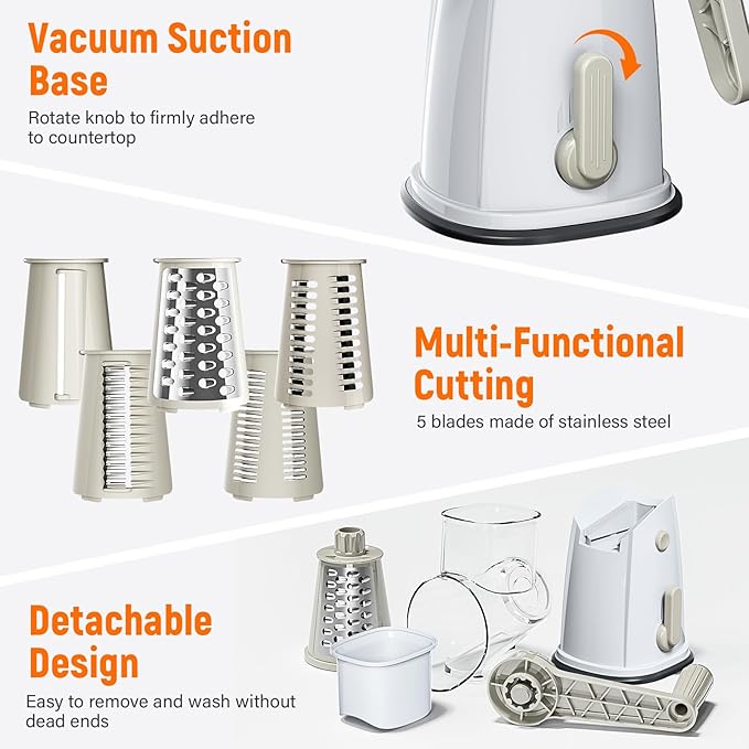 Rotary Cheese Grater Hand Crank with 5 Interchangeable Blades, Vegetable Slicer Chopper for Fruit Vegetable Nuts, Mandoline Slicer for Kitchen with Blades Rack & Suction Base, White