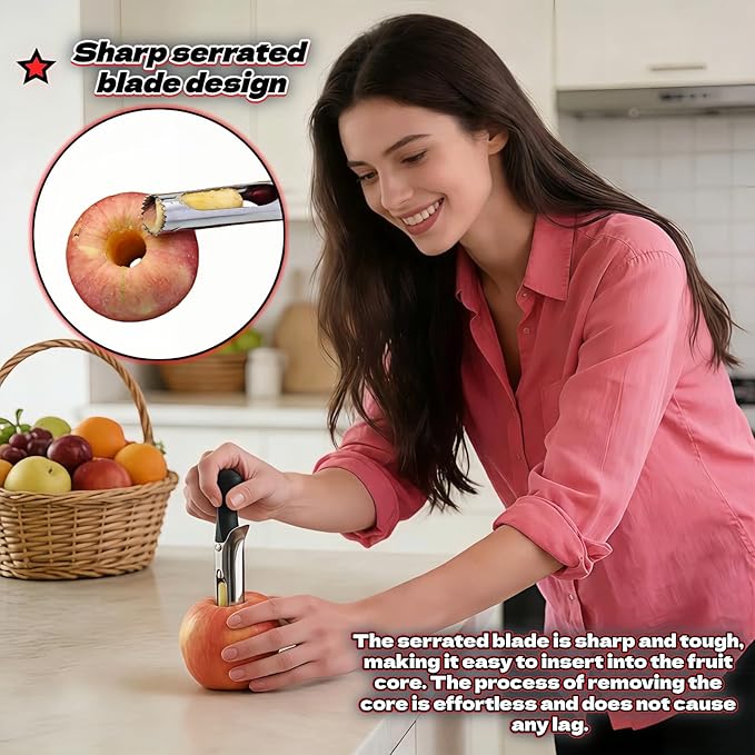 Apple Corer, Stainless Steel Apple Corer and Divider with Sharp Serrated Blade – Easy to Use – Core Remover Tool for Apples, Pears, Cupcakes – Heavy-Duty Kitchen Gadget for Baking, Cooking (Black)