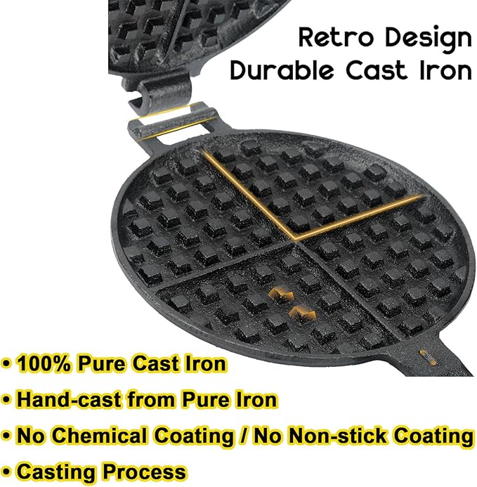 Cast Iron Waffle Maker for Stovetop or Camping Grill Two Piece Hinged Non Electric Waffle Iron Makes 7" Round Waffles