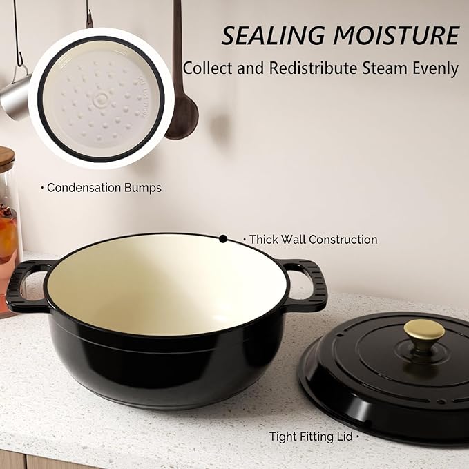 VINGLI 7.5QT Enameled Cast Iron Round Dutch Oven Pot with Lid, NonStick Casserole Pot with Dual Handles & Silicone GlovesRed, Oven Safe up to 500°F or on Stovetop, Dutch Oven for Bread Baking, Black