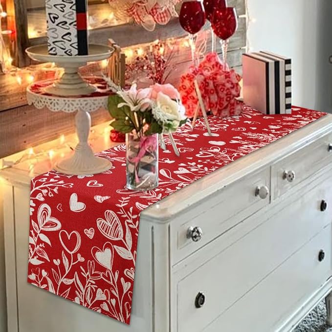 Valentine’s Day Red Heart Love Plant Table Runner 13x90 Inch , Holiday Kitchen Dining Tabletop Runners for Home Indoor Farmhouse Decoration