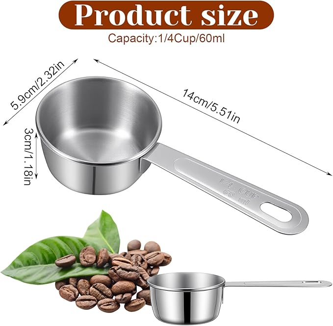 4 Pcs 1/4 Cup Scoop,1/4 Cup Measuring Cups Stainless Steel, 60ml Liquid Coffee Measuring Cups for Coffee Cooking Baking Kitchen Wet and Dry Ingredients