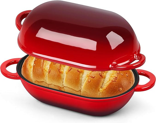 Homikit Enameled Cast Iron Dutch Oven for Bread Baking, 2.8 QT Oval Bread Oven Pot with Lid, Sourdough Loaf Iron Dutch Oven Pan for Roasting Cooking, Red & Heavy Duty