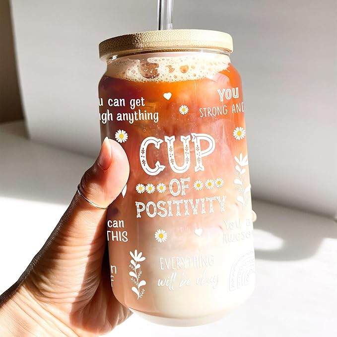 Inspiration Glass Cup 16 Oz with Lid and Straw Positive Motivational Tumbler Iced Coffee Aesthetic Cups Birthday Mothers Day Christmas Inspirational Gifts for Women Mom Teachers Friends