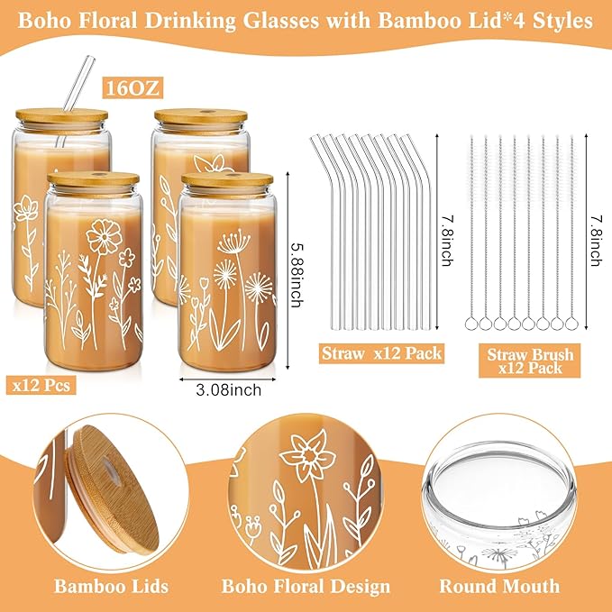 Mumufy 12 Pack Wedding Glass Tumblers Boho Floral 16oz Iced Coffee Cups with Bamboo Lids and Straws Elegant Bridal Shower and Bridesmaid Gifts