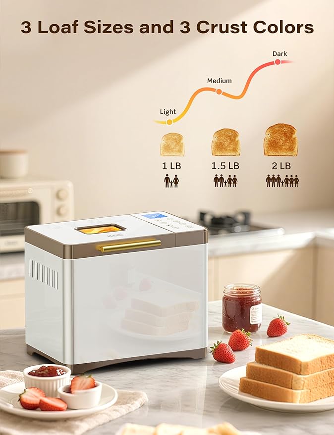 KBS 20-IN-1 Bread Maker with Custom Program, 650W Bread Machine with Nonstick Ceramic Pan & Paddle, 2LB Stainless Steel Bread Maker Machine, Polish Bread, Gluten-Free, Touch Panel, 15H Timer, 3 Colors