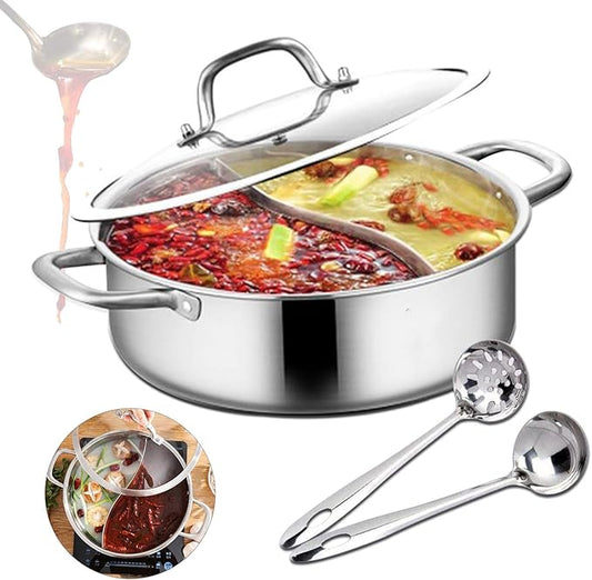 Double-flavor Shabu Shabu Pot with Divider and Lid, Dual Sided Nonstick Hot Pot, 32cm/12.6in Stainless Steel Shabu Shabu Pot, for Induction Cooktop, Gas Stove & Hot Burner, Soup Ladle Included