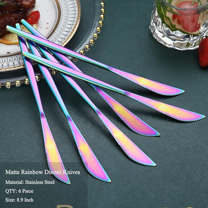 HOMQUEN Dinner Knives 6 Piece, Stainless Steel Matt Rainbow Dinner Knife, Sturdy butter knife, Modern Design butter knives, Dishwasher Safe (Matt Colorful-8.9 Inch)