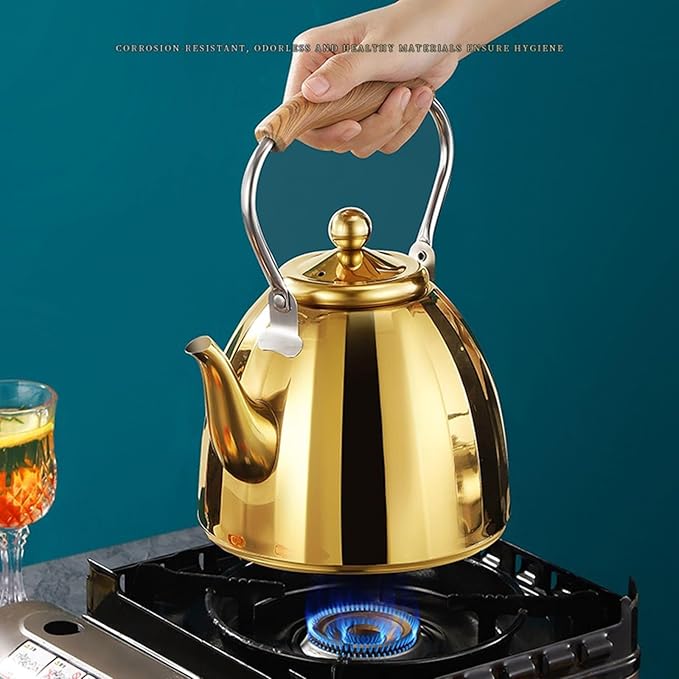 Gold Tea Kettle Stovetop with Infuser, 1.1-Quart Small Cute Tea Pot, 304 Stainless Steel Teapot with Ergonomic Wood Pattern Folding Handle for All Stovetops(1L)