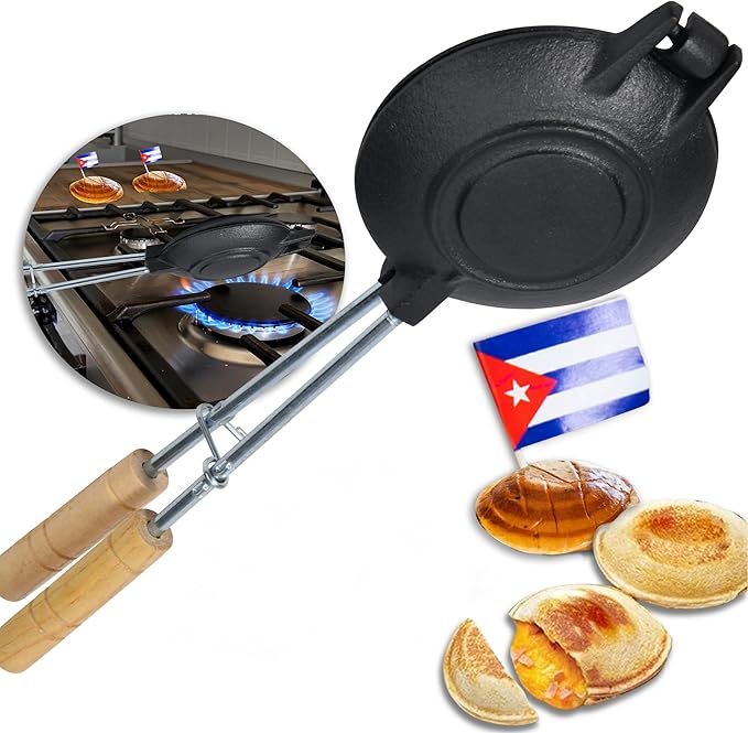 Disquera de Pan Cubano Redondo (1 Unit) – Cast Iron Cuban Sandwich Press for Disco Volador Para Sandwich – 15” Traditional Sandwich Maker with Wooden Handles
