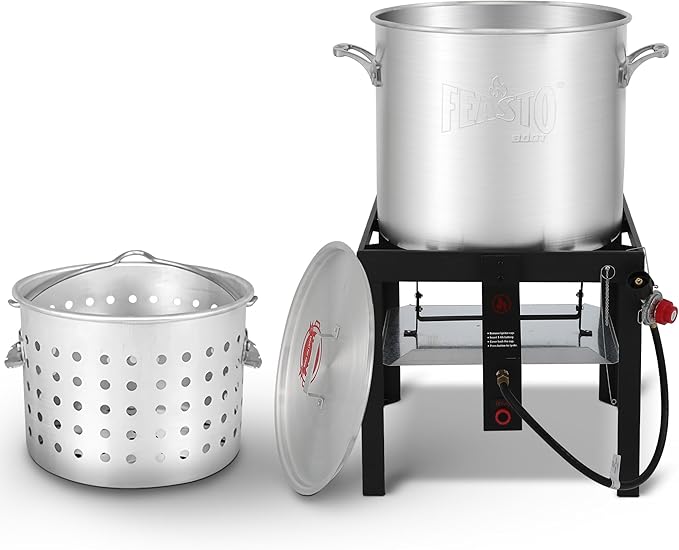 Feasto 100 QT Seafood Boil Pot with Basket and Burner, Aluminum Seafood Boil Pot and Burner Kit with 100,000 BTUs Output and 10 PSI Regulator for Cooking Crawfish, Shrimp, Crab, CSA Certified