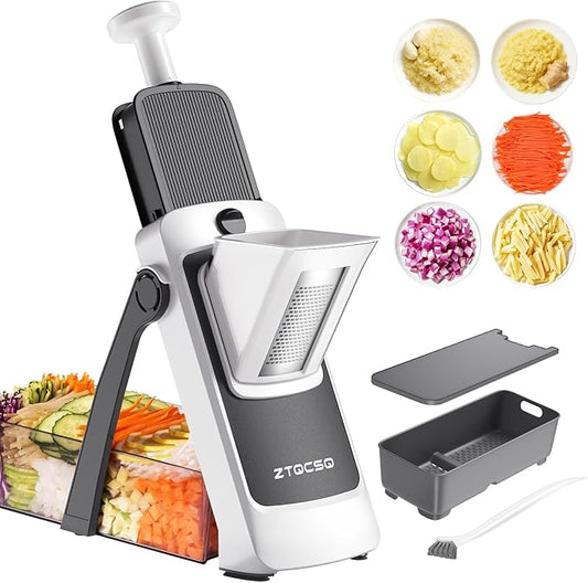 [7 in 1 ] Vegetable Slicer for Kitchen, Safe Mandoline Slicer, Adjustable Veggie Potato French Fry Cutter, Wider Tray & Stainless Steel Grater & Filter Basket & Lid & Cleaning Brush (Gray Pro)