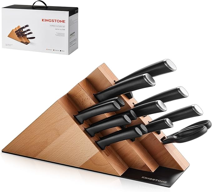 KINGSTONE 14-Piece Knife Block Set, Precision-Honed High-Carbon Stainless Steel Knives with Long-Lasting Sharpness, Ergonomic Balanced Handles for Home & Serious Cooks, Natural